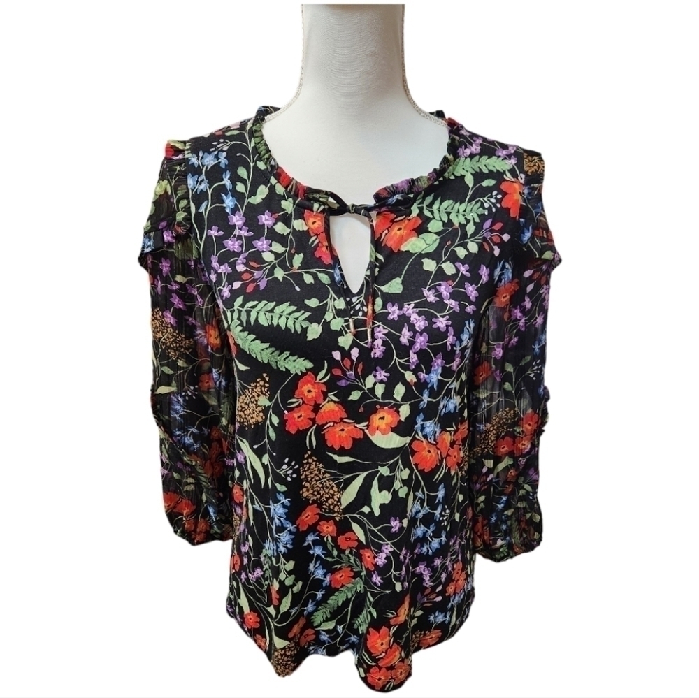 Maeve by Anthropologie Women's Black Floral Print Jacquin Peasant Blouse XS